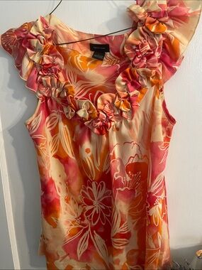 Spense Pink & Orange Floral Ruffle-Neck Camisole